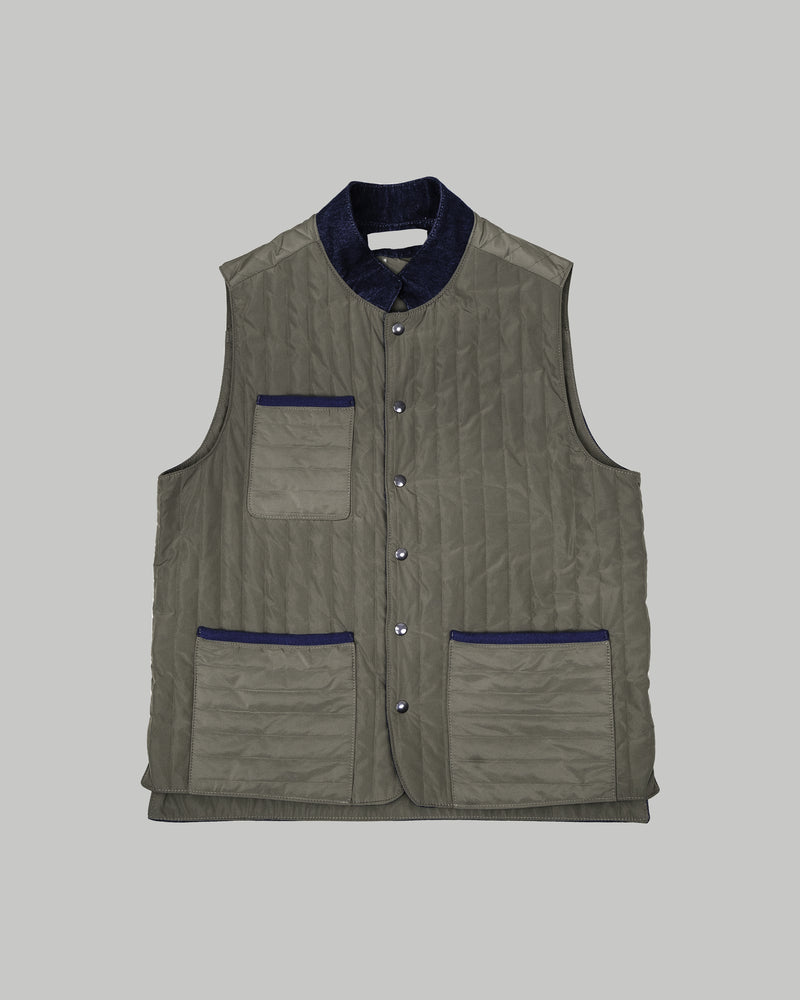 Gilet trapuntato in tessuto tecnico e denim di cotone con collo coreano