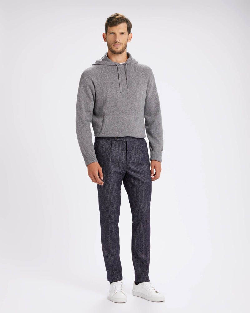 Pantalone chino con coulisse in lana pesante blu gessato straight fit