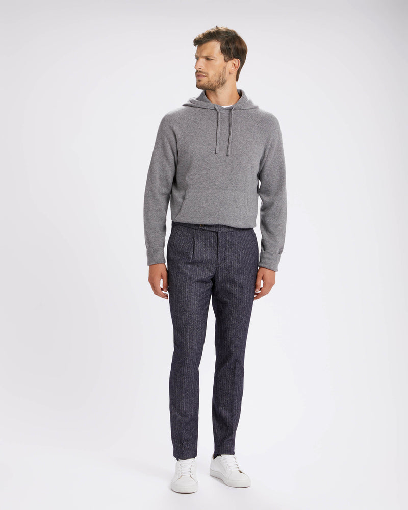 Pantalone chino con coulisse in lana pesante blu gessato straight fit