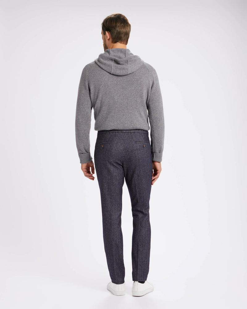 Pantalone chino con coulisse in lana pesante blu gessato straight fit