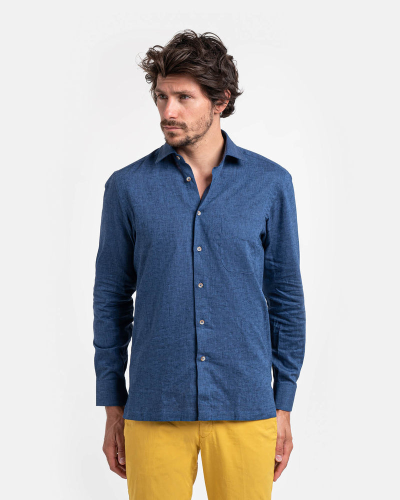 Camicia con collo francese jeans in denim di lino e cotone leggero blu indaco