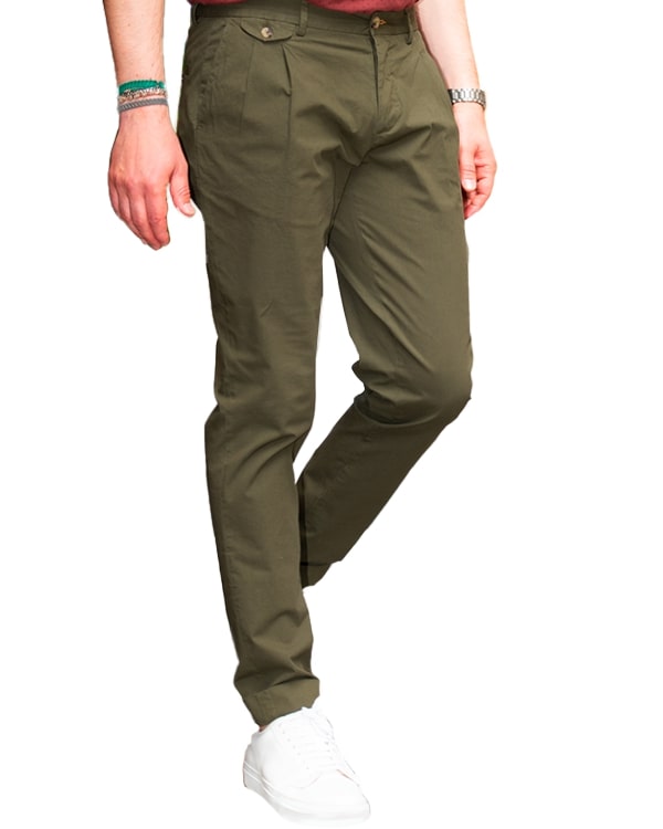Pantalone chino con doppia pince in popeline di cotone leggero verde oliva slim fit