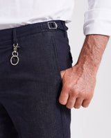 Pantalone chino con pince e risvolto jeans in denim di lino e cotone leggero blu indaco regular fit