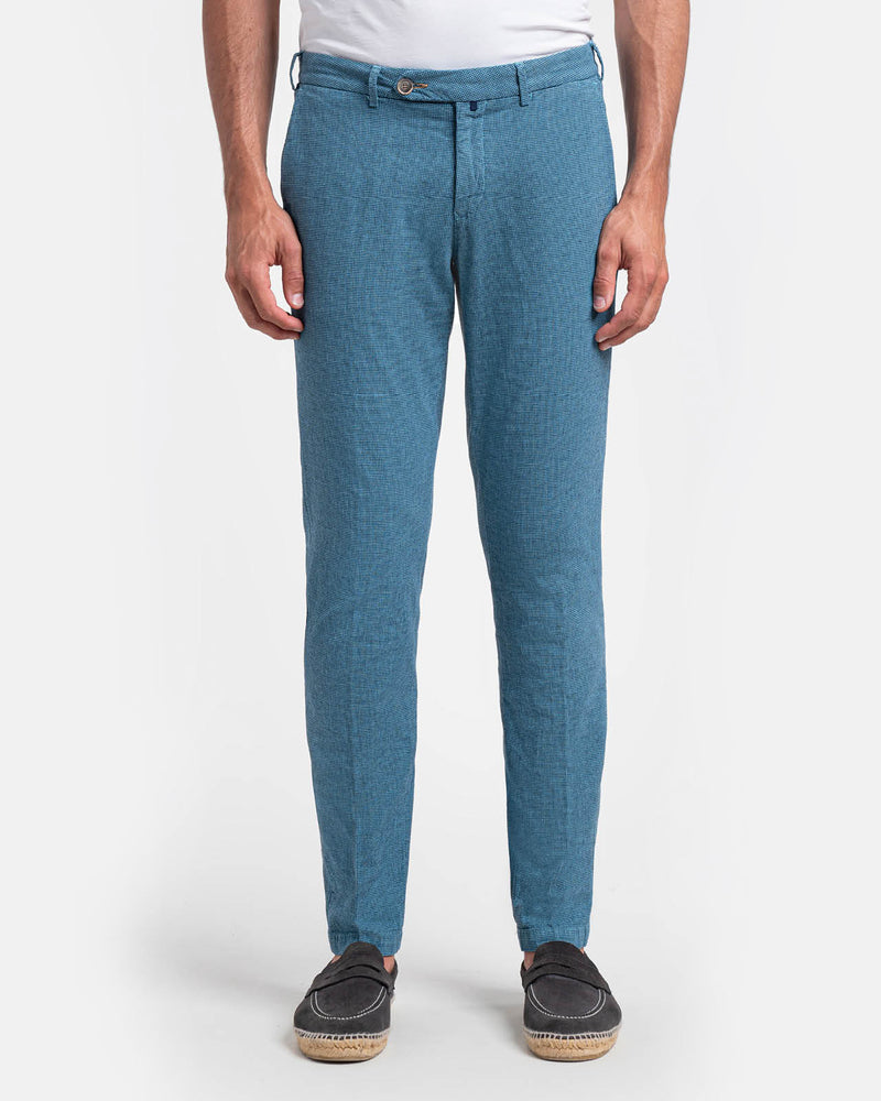 Pantalone chino in cotone e lino pied-de-poule leggero avio e blu slim  fit