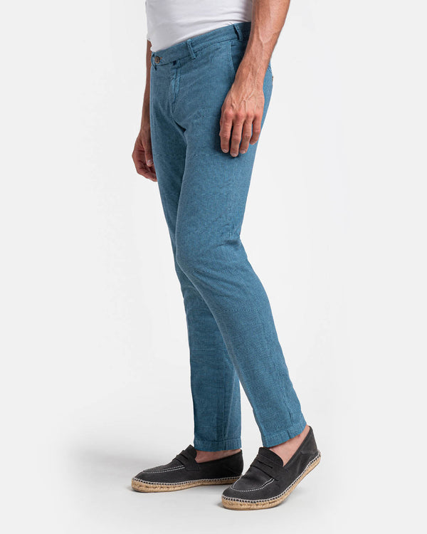 Pantalone chino in cotone e lino pied-de-poule leggero avio e blu slim  fit