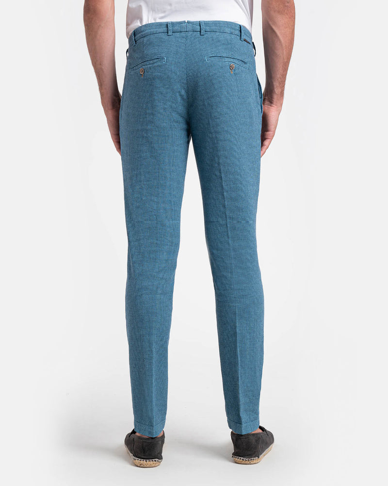 Pantalone chino in cotone e lino pied-de-poule leggero avio e blu slim  fit