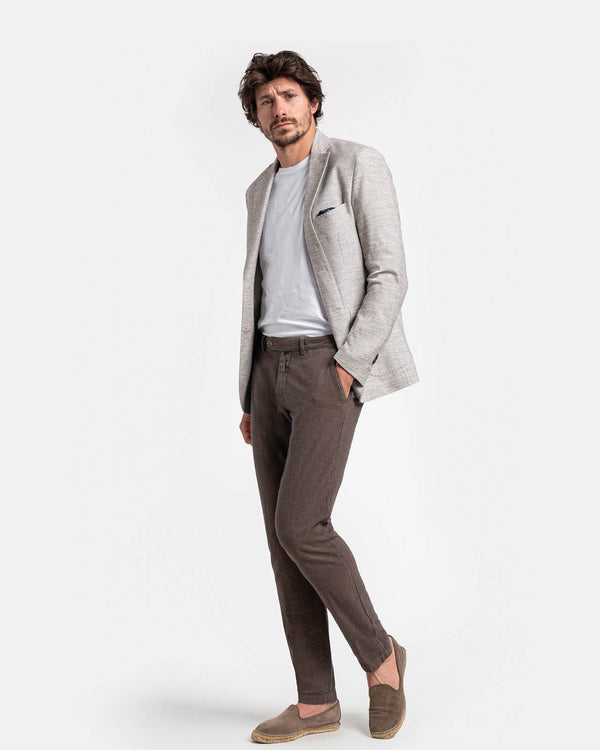 Pantalone chino in cotone e lino pied-de-poule leggero avana e blu slim  fit